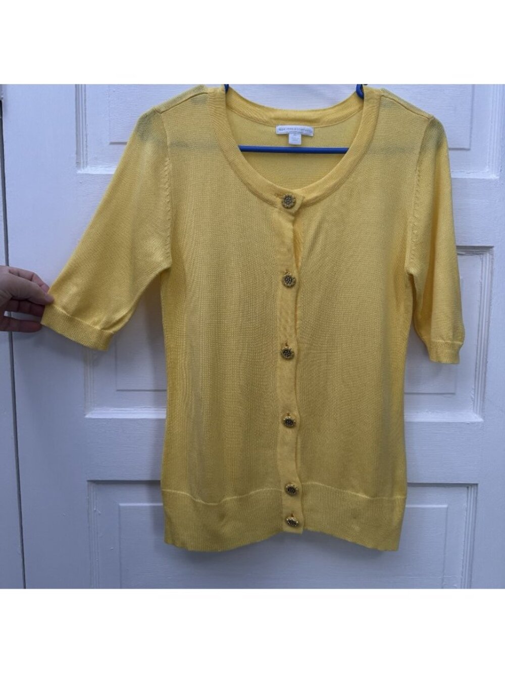 New York & Company Women’s XS Yellow Jeweled Button 3/4 Sleeve Cardigan